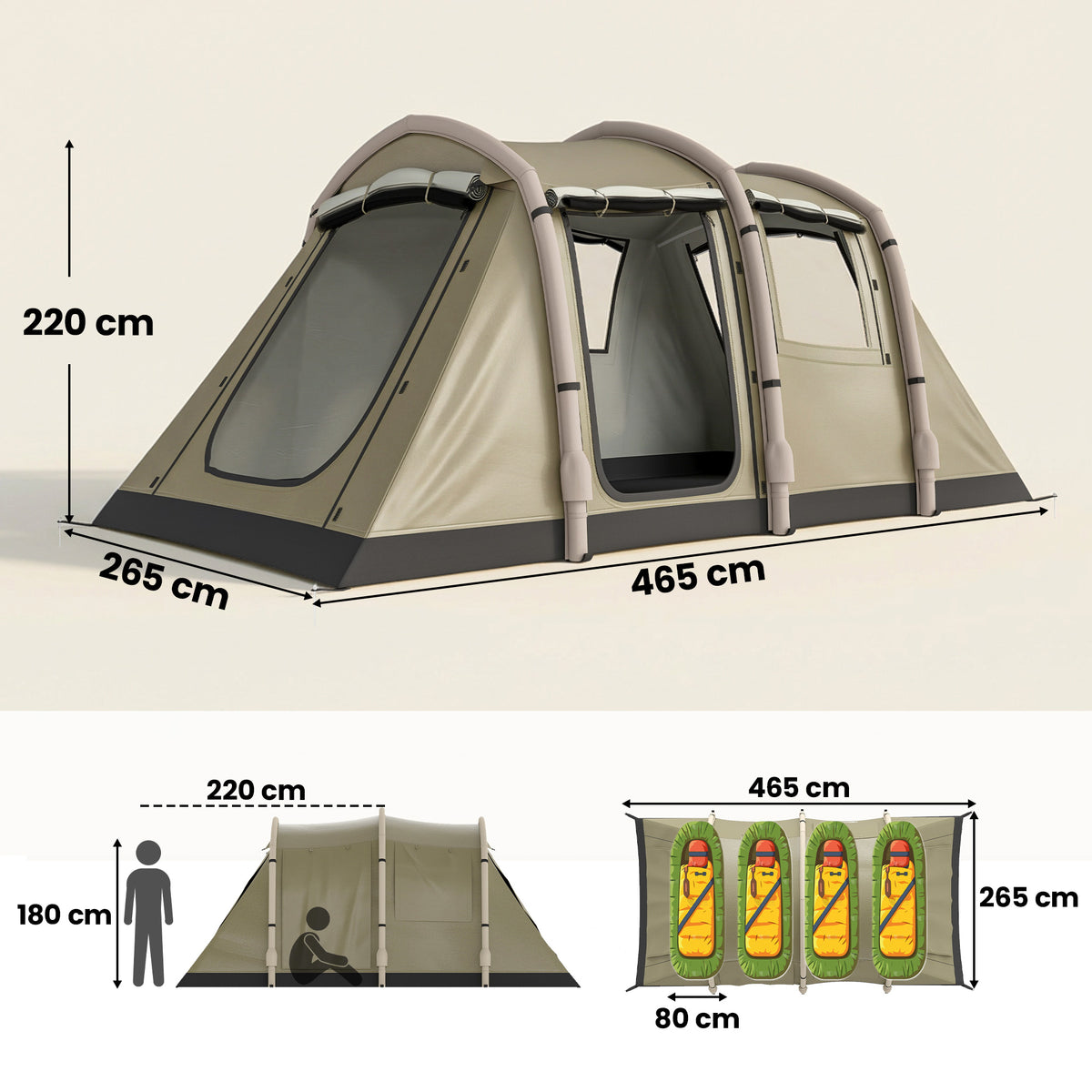 Aufblasbares Zelt 2-4 Personen Schneller Aufbau Outdoor Zelt für Camping mit Luftpumpe Mesh Fenster Heringen Vordach