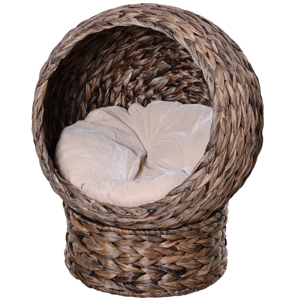 Katzenkorb aus Wasserhyazinthe inkl. Kissen, Katzenbett, Haustierbett,50 cm x 42 cm x 60 cm, Braun + Beige
