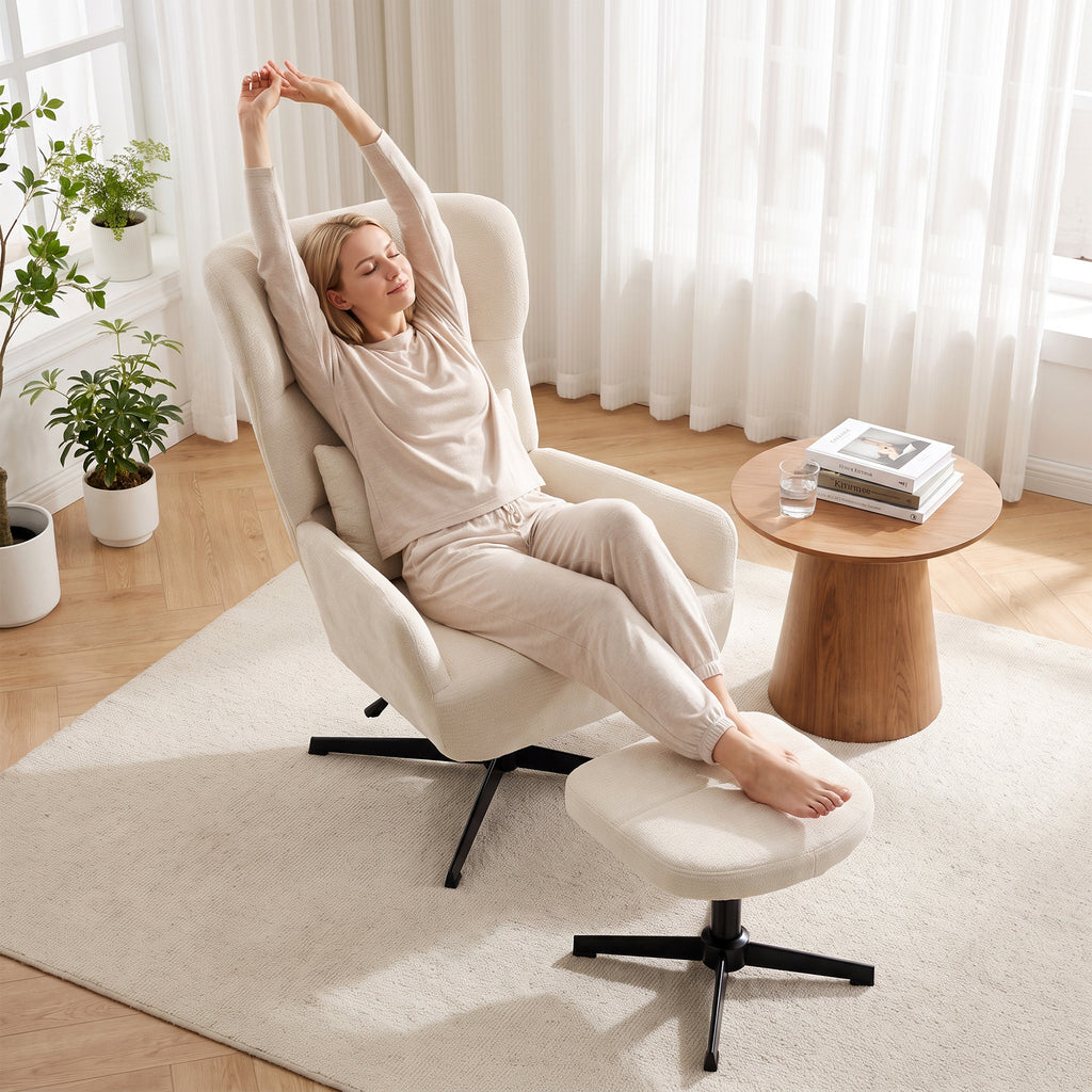 360° drehbarer Loungesessel mit Hocker, höhenverstellbar, Chenille-Bezug, mit Lendenkissen, Cremeweiß