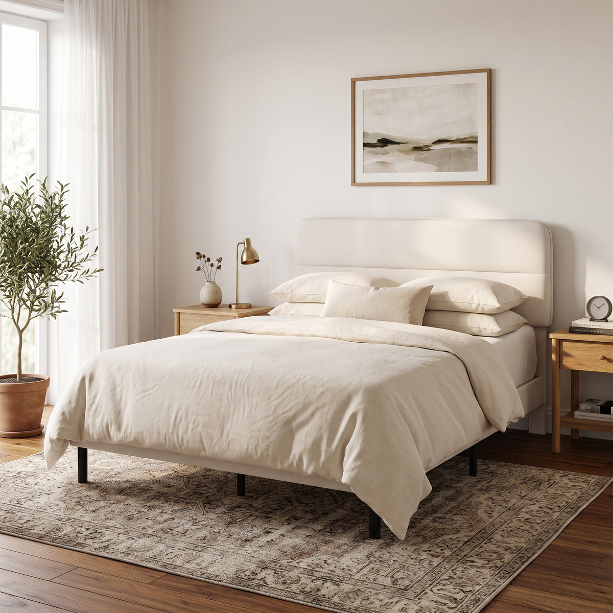 Bettgestell 140 x 200 cm mit verstellbarem Kopfteil, Polsterbett in Leinenoptik mit 12 Sperrholzlatten, Beige