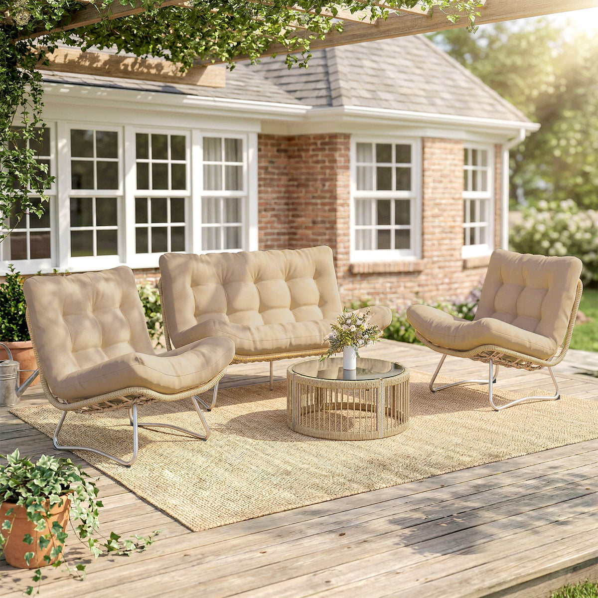 Gartenmöbel Set 4-teilig Polyrattan Lounge-Set mit Zweisitzer 2 Sessel Glastisch Breitem & Tiefem Sitz Dicke Kissen