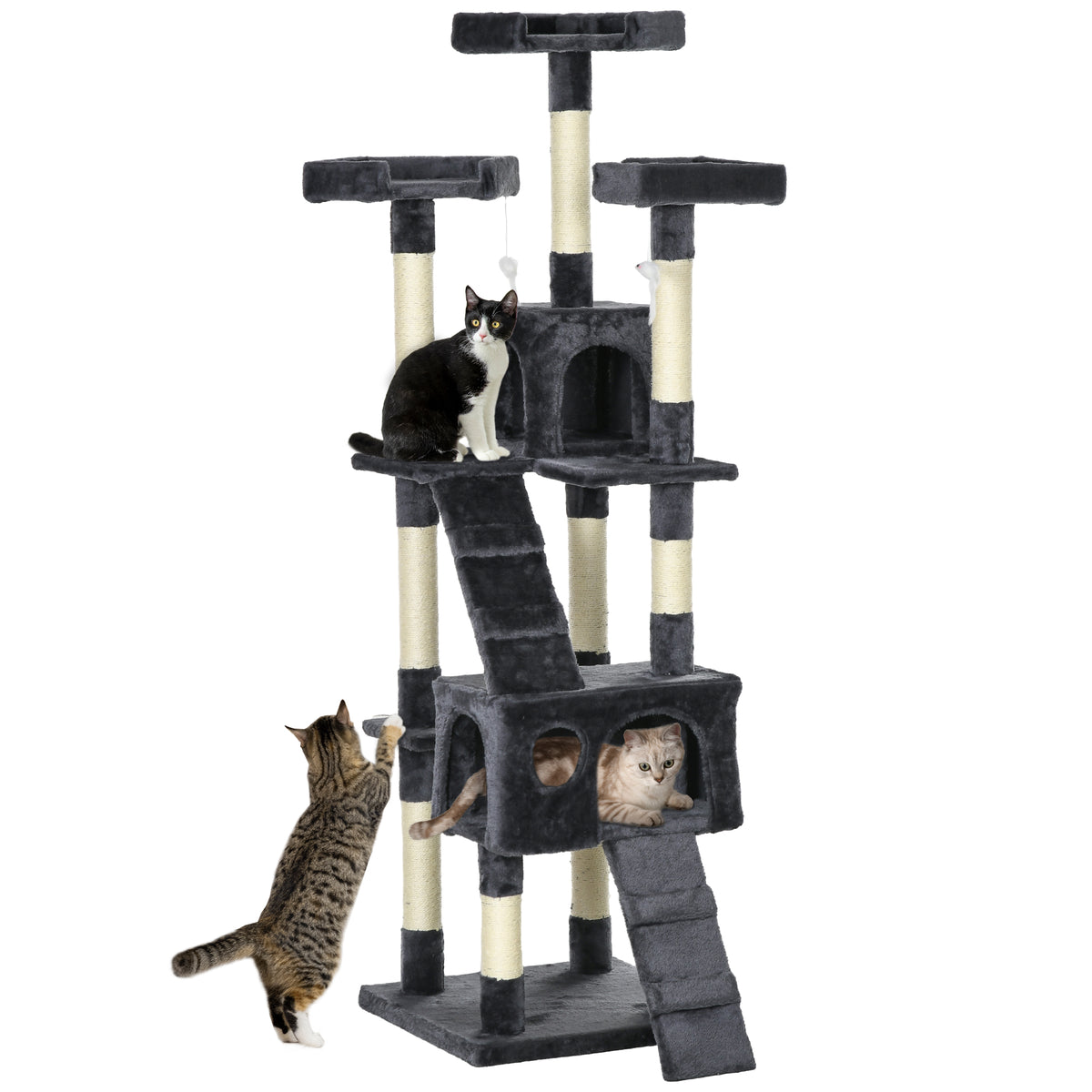 173cm Cat Tree Scratching House, Activity Play Centre, Charcoal Grey
