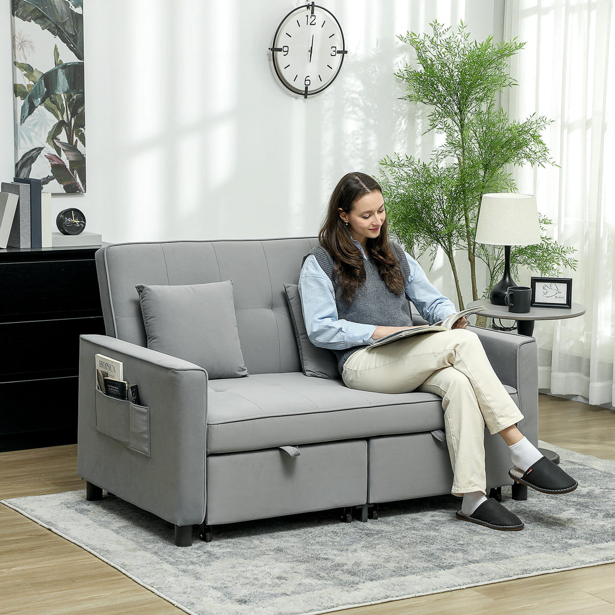 4-in-1 Sofa, Verstellbare Couch, Sofabett, mit Kissen, Stoffbezug, f¨¹r Wohnzimmer, Schlafzimmer, Grau