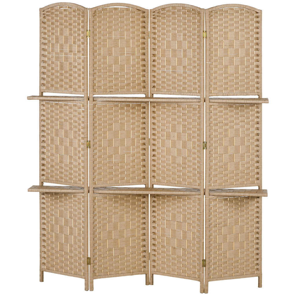 4-teiliger Paravent, 160 x 170 cm, faltbare Trennwand mit 2 Regalen, Naturholz