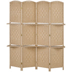 4-teiliger Paravent, 160 x 170 cm, faltbare Trennwand mit 2 Regalen, Naturholz