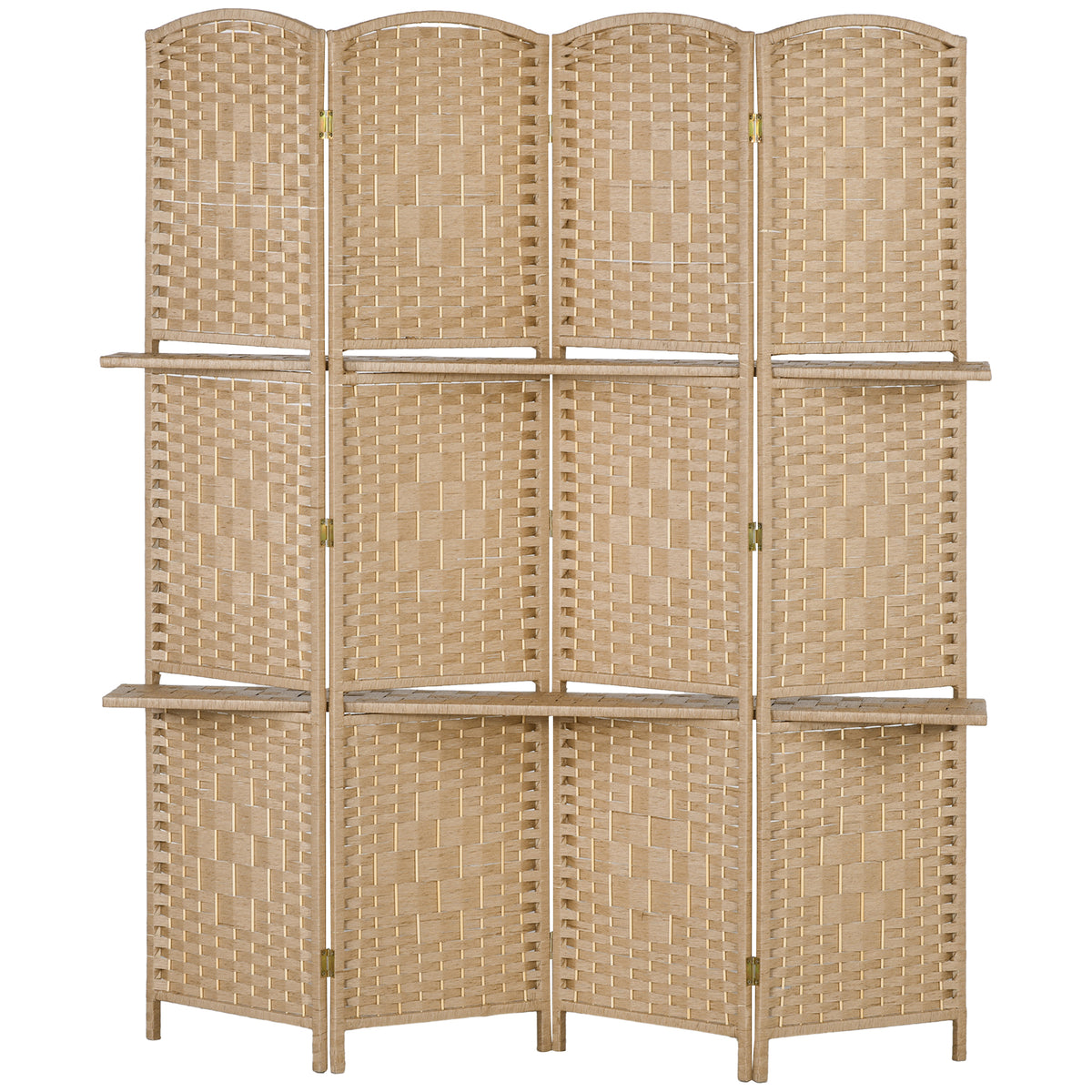 4-teiliger Paravent, 160 x 170 cm, faltbare Trennwand mit 2 Regalen, Naturholz