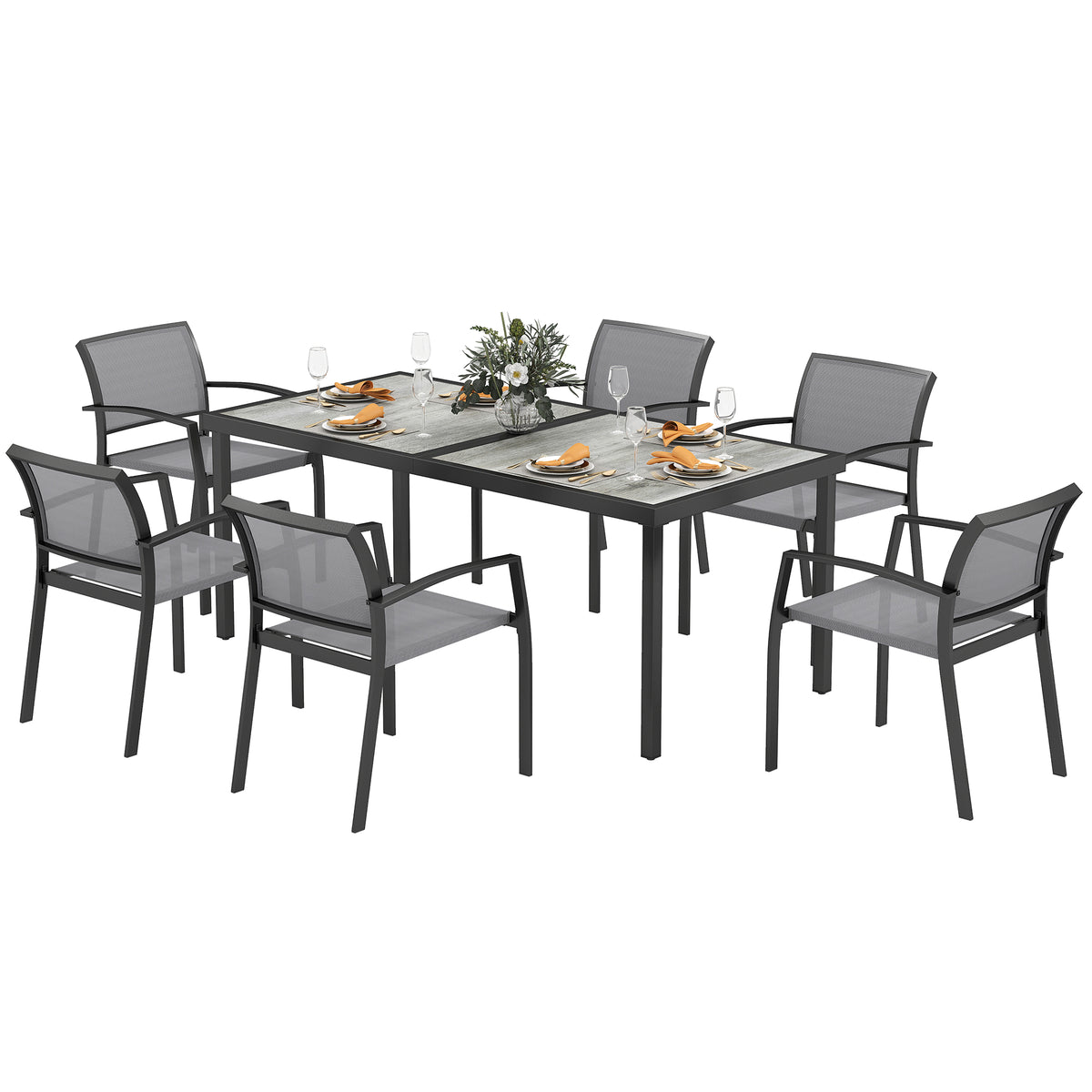 7-teiliges Ess-Set, 6 Stühle, 1 Tisch, stapelbar, leicht zu reinigen, Stahlrahmen, Gartenmöbel-Set, Grau