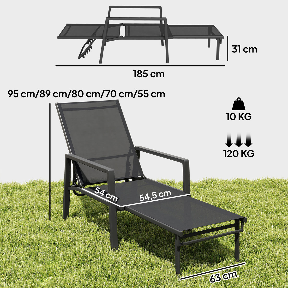 Sun Lounger Retractable Footrest 5-Position Adjustable Steel Frame for Beach, Porch, Patio, Camping, Black