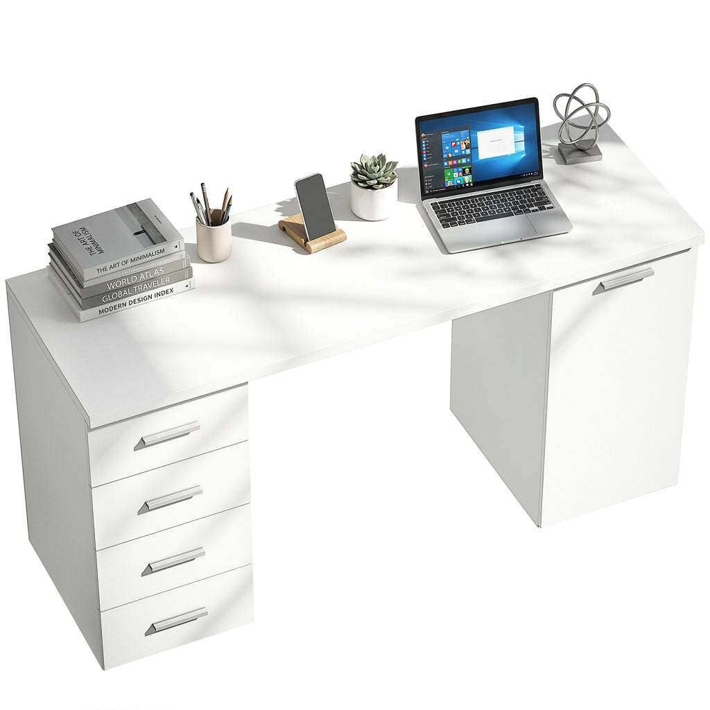 Computertisch mit 4 Schubladen und Schrank, 140 cm Schreibtisch für Arbeitszimmer, Weiß Holzoptik