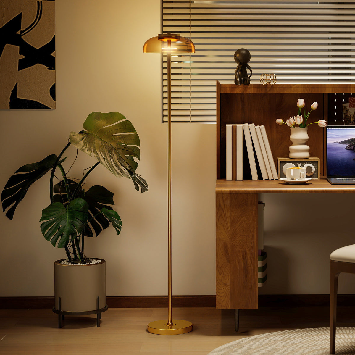 LED Stehlampe Wohnzimmer, Stehleuchte mit 3000 K warmem Licht, Fußschalter, 25 x 25 x 134 cm, Messing