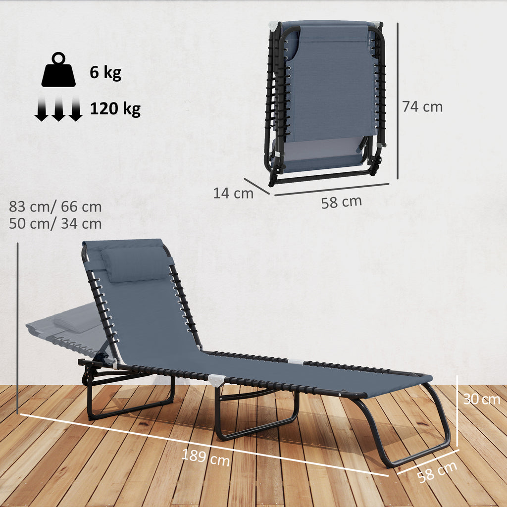 Foldable Sun Lounger, Outdoor 4 Level Adjustable Backrest Reclining Chaise Chair, Steel Frame Recliner Chair for Camping, Hiking, Grey