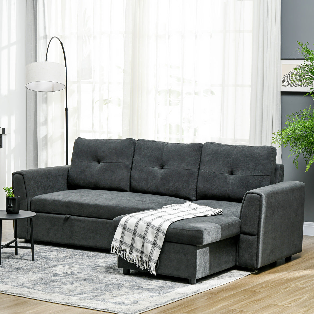 3-Sitzer-Sofa mit Bettfunktion, Schlafsofa mit Chaiselongue, Polstersofa, Dunkelgrau