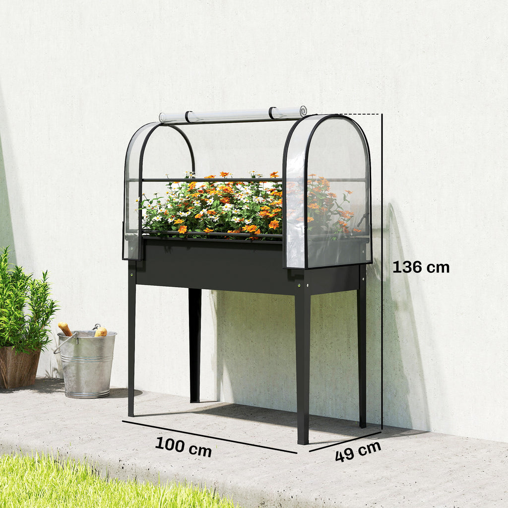 Raised Planter with Flip-Up Greenhouse Cover, Metal Raised Garden Bed on Legs with Drainage Hole, Black