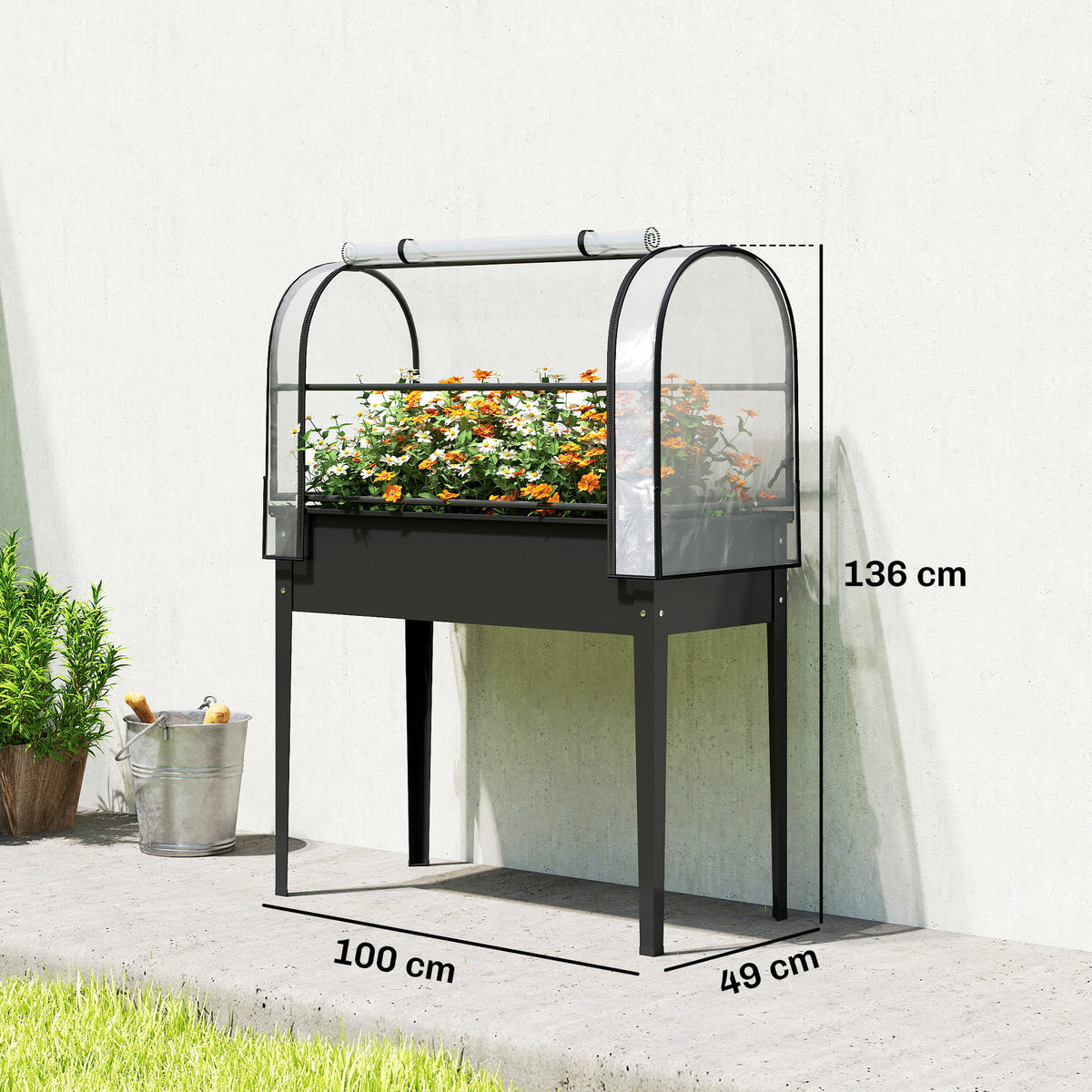 Raised Planter with Flip-Up Greenhouse Cover, Metal Raised Garden Bed on Legs with Drainage Hole, Black