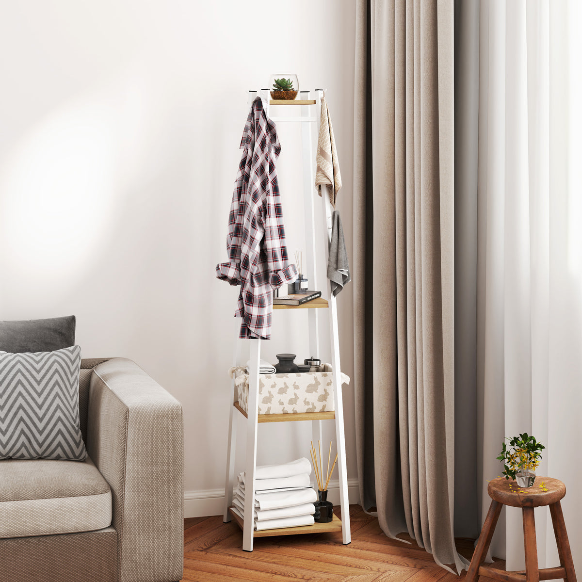 Compact Freestanding Coat Rack -  White/Oak