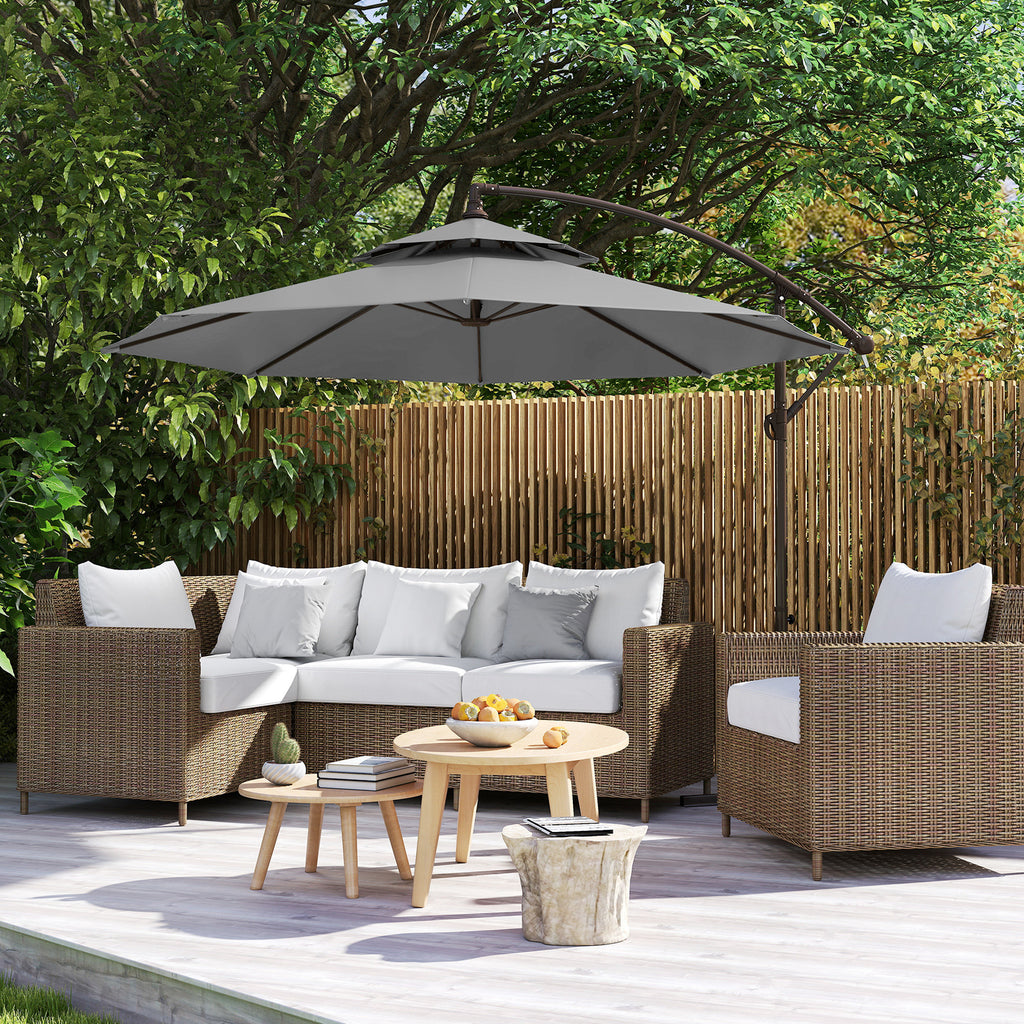  Sonnenschirm Ampelschirm ?2,67 x 2,45?m Kurbelschirm mit Doppeldach Kreuzbasis Stahl Outdoor Sonnenschutz Polyester Stahl Hellgrau