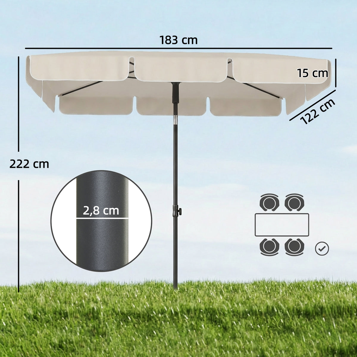 Sonnenschirm 183 x 122 cm, Wasserabweisend Balkonschirm mit 3-fach Neigung mit 8 Streben Beige