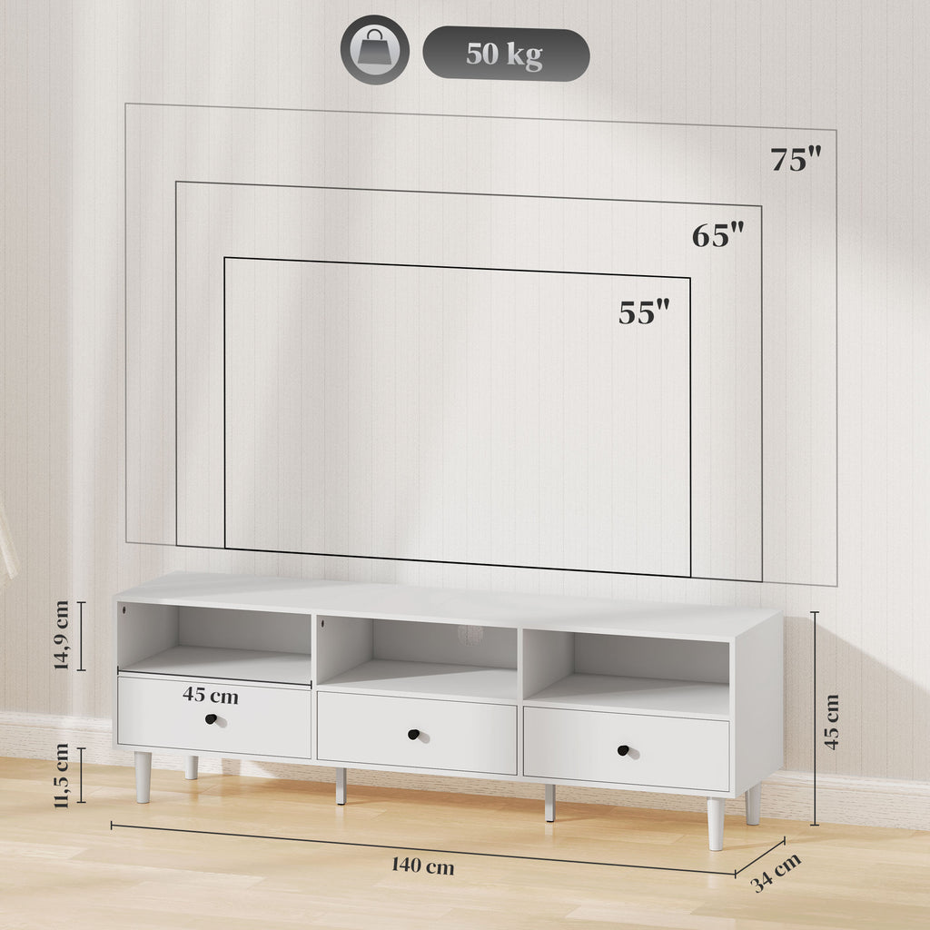 TV-Kommode, TV-St?nder f¨¹r 75-Zoll-Bildschirme, 3 offene F?cher, 3 Schubladen, Spanplatte, Wei?