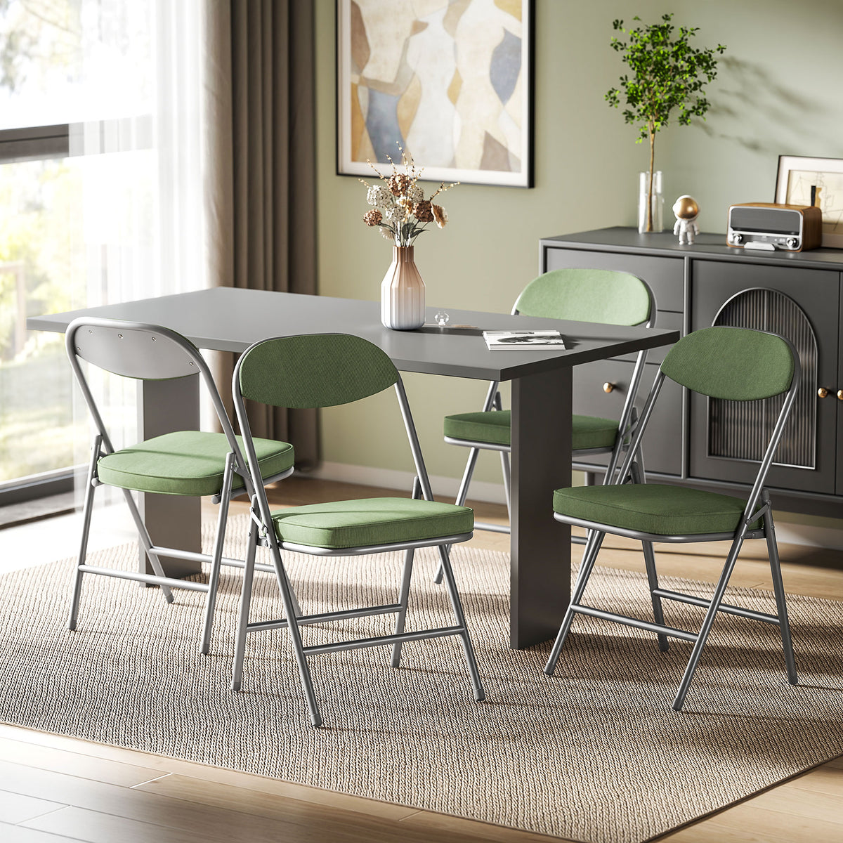 4er-Set gepolsterte Klappstühle, Faltbare Stühle mit Cordbezug, Rückenlehne, Metallrahmen, Grün