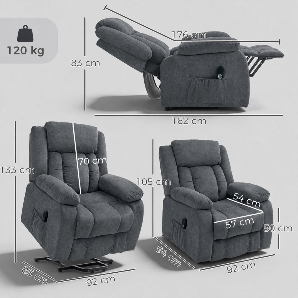 Aufstehsessel mit weichem Bezug, Recliner-Sessel mit Fernbedienung und Seitentaschen, Grau