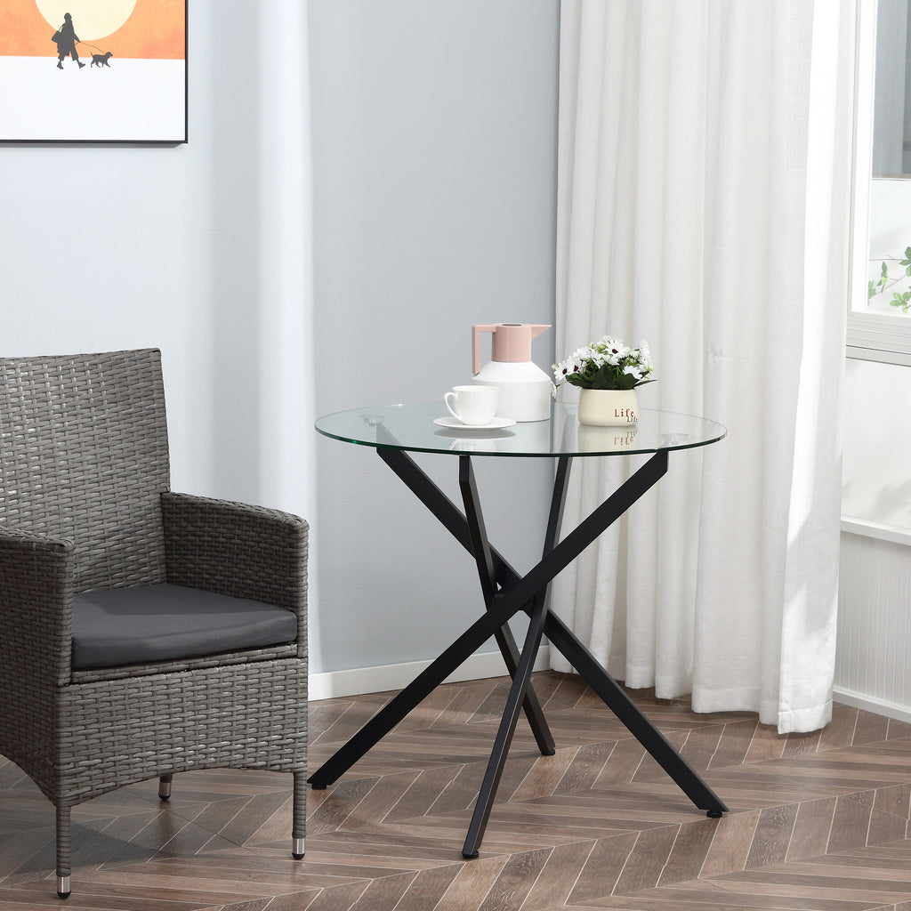 Dining Table with Clear Tempered Glass Top, Round Table with Metal Legs, Modern Kitchen Table for Dining Room Living Room, Black