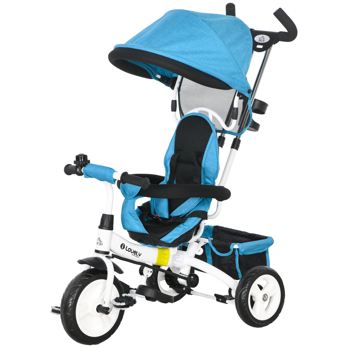6 in 1 Kids Trike Push Bike w/ Push Handle, Canopy, 5-point Seat Belt, Storage, Footrest, Brake, for 1-5 Years, Blue