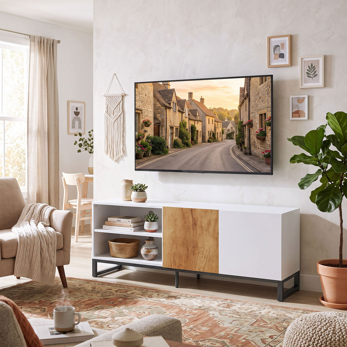 TV-Schrank für Fernseher bis 55 Zoll, Modernes TV-Lowboard, Weiß