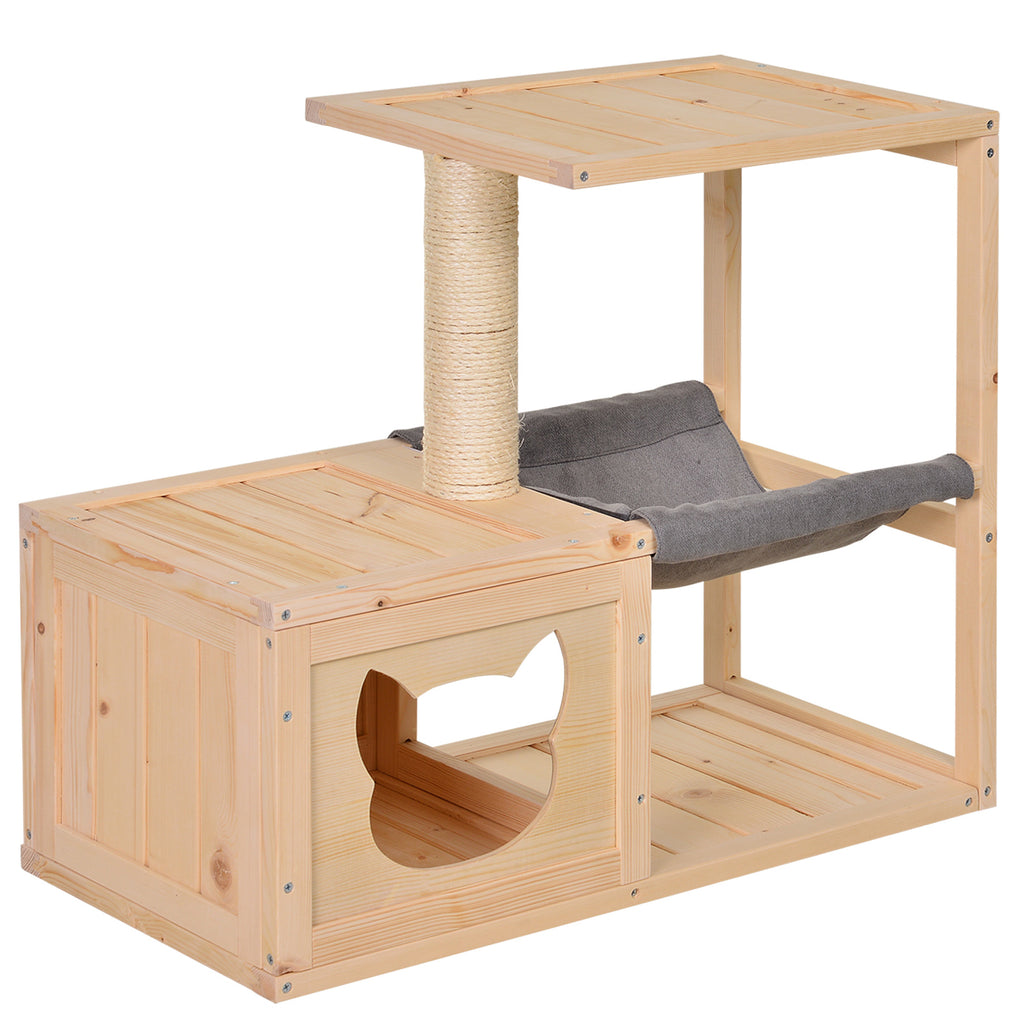 Katzenhöhle, Katzenbett mit Hängematte, Sisalstamm, Plattform Katzenhaus aus Holz Kratzbaum für Katzen für Indoor 70 x 35 x 60 cm Natur