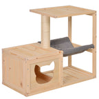 Katzenhöhle, Katzenbett mit Hängematte, Sisalstamm, Plattform Katzenhaus aus Holz Kratzbaum für Katzen für Indoor 70 x 35 x 60 cm Natur
