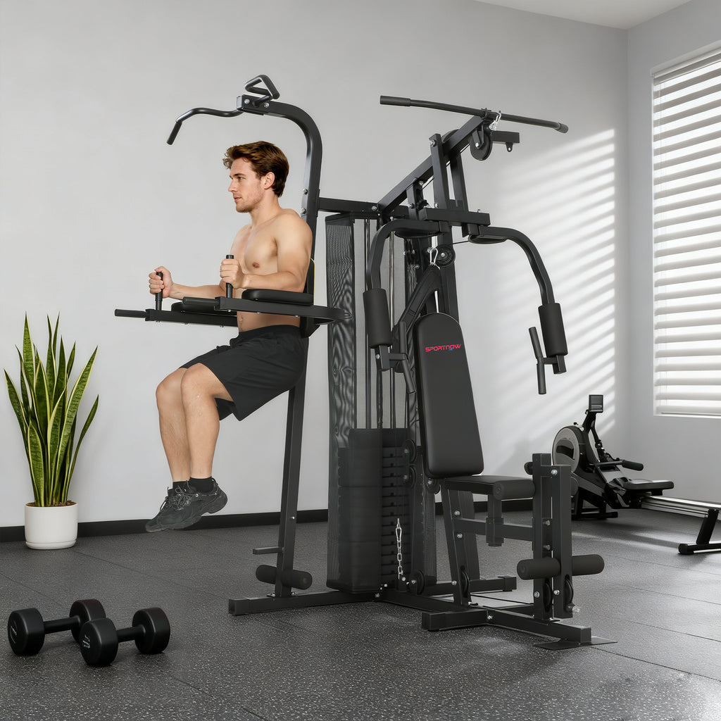 Multifunktions-Trainingsstation, Heimfitness-Maschine für über 10 Übungen, Gewichte, anpassbare Fitnessbank, Schwarz
