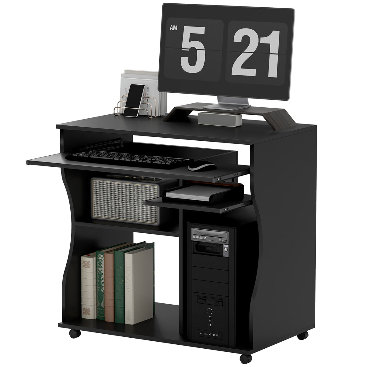 Computertisch mit Rollen, Schreibtisch mit Stauraum, 80 x 48 x 75 cm, Schwarz