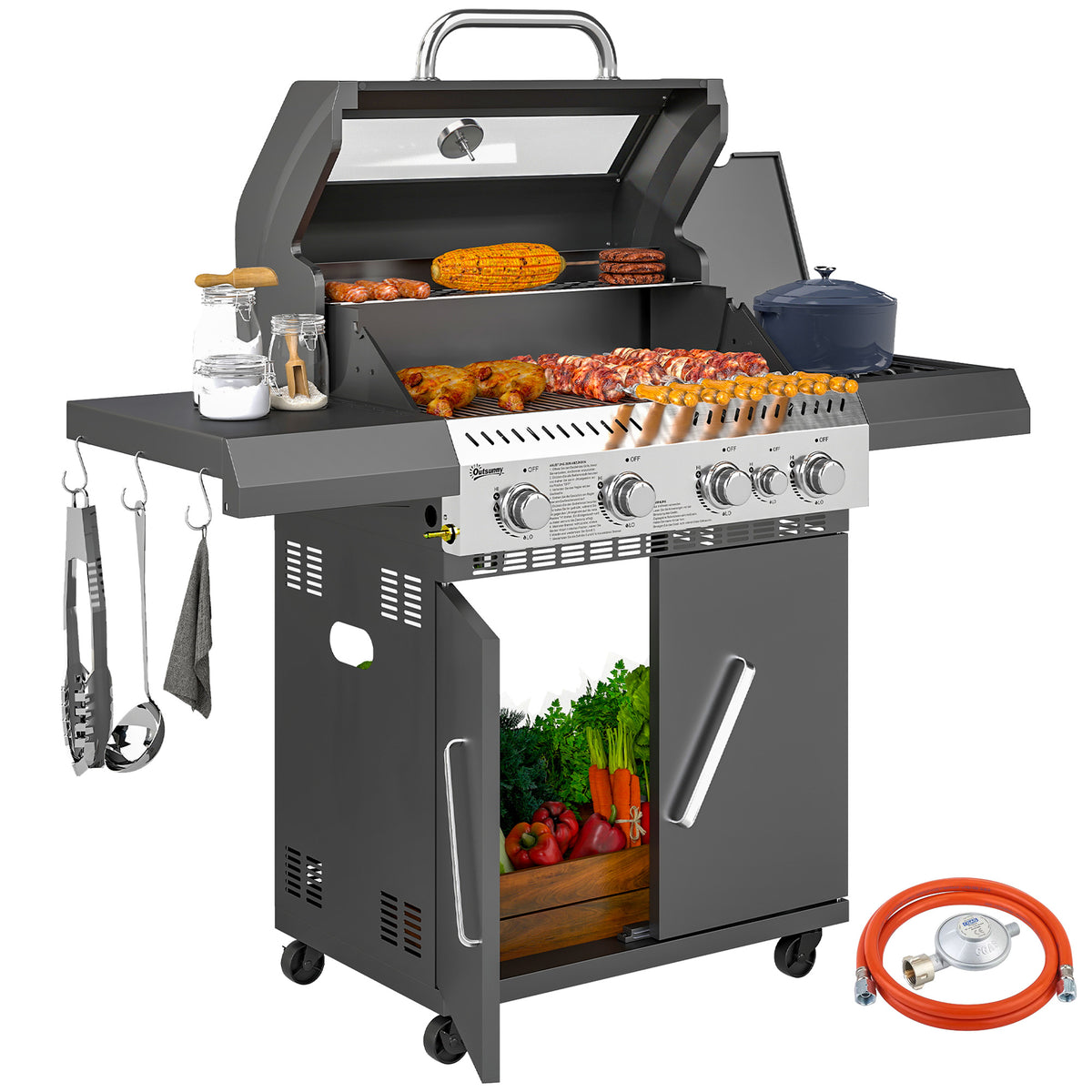 Gasgrill 12 KW Grillwagen inkl 5 Brenner Seitenkocher Rolle Deckel Thermometer Seitenablagen 135 x 54 x 110 cm