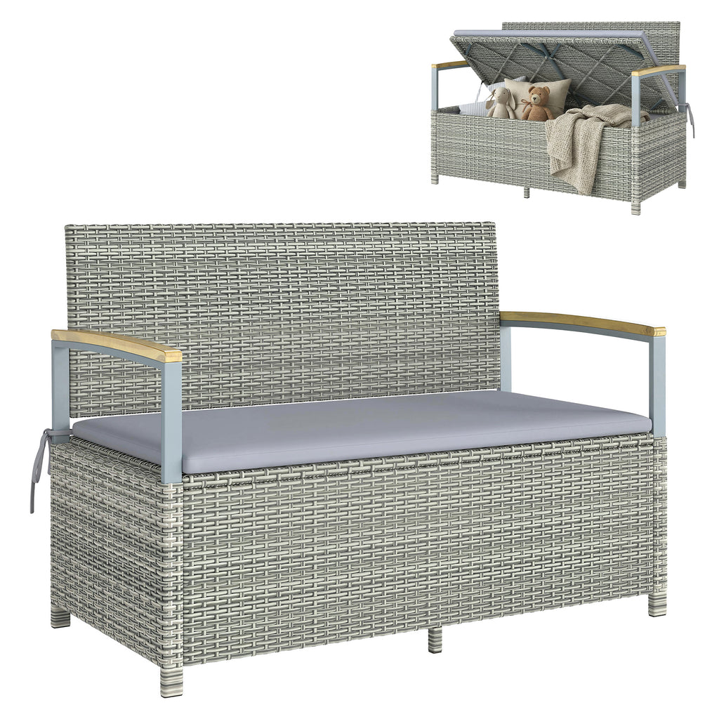 Gartenbank Polyrattan 170L 2-Sitzer Sitzbank mit Stauraum abnehmbar Kissen Reißverschluss-Innenauskleidung Holz-Armlehne