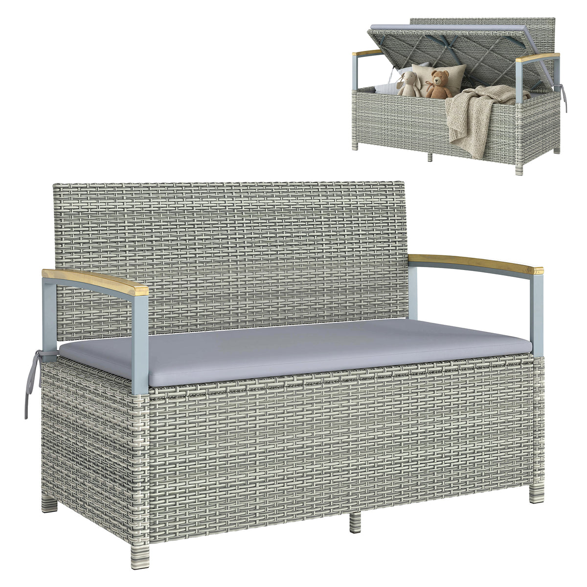 Gartenbank Polyrattan 170L 2-Sitzer Sitzbank mit Stauraum abnehmbar Kissen Reißverschluss-Innenauskleidung Holz-Armlehne