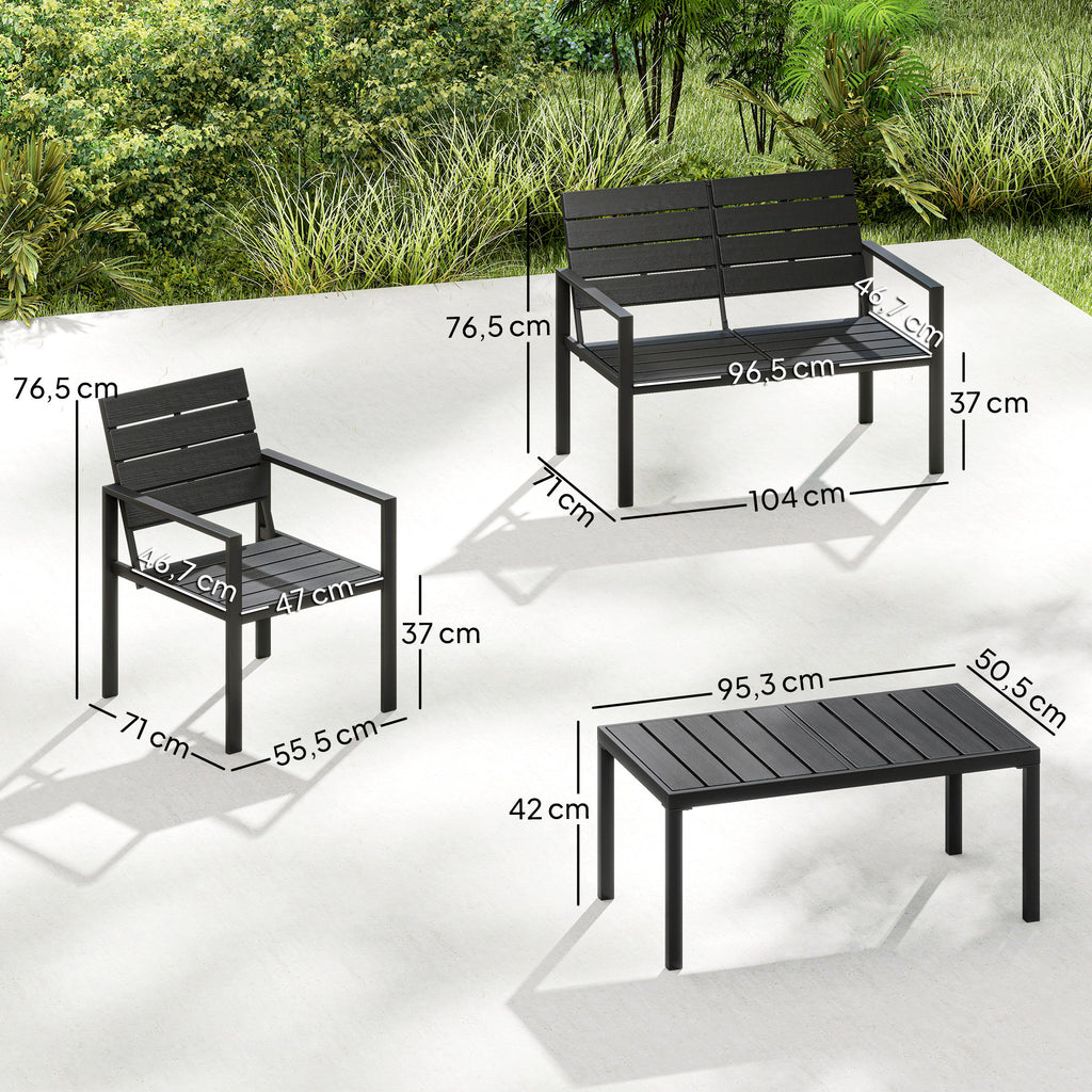 4 Piece Garden Furniture Set, Outdoor Sofa Set with HDPE Slatted Loveseat Armchairs Coffee Table Metal Frame, Black
