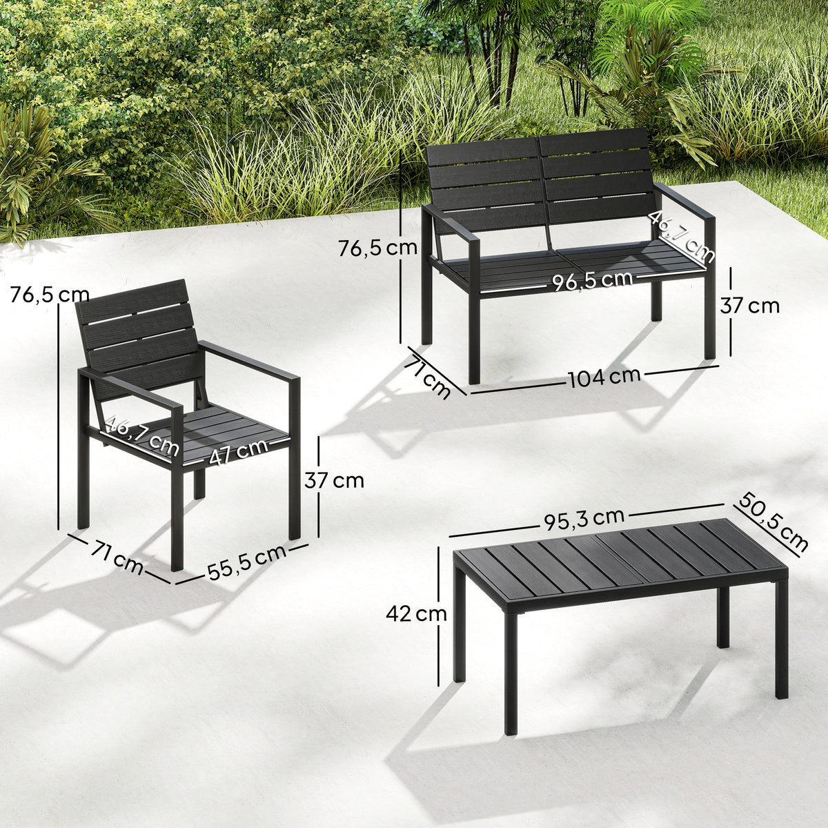 4 Piece Garden Furniture Set, Outdoor Sofa Set with HDPE Slatted Loveseat Armchairs Coffee Table Metal Frame, Black