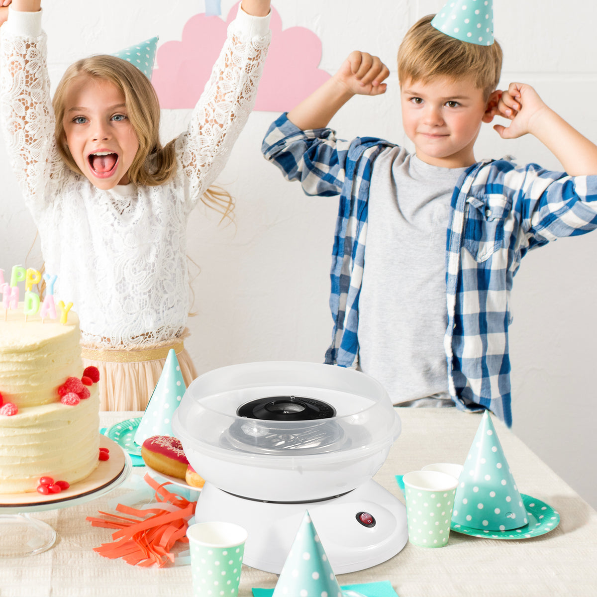 Zuckerwattemaschine für Zuhause Cotton Candy Machine Zuckerwatte Maschine mit Stäbchen und Messlöffel Höhe 18 cm 550W für Kinderfest, Geburtstag, Party Weiß