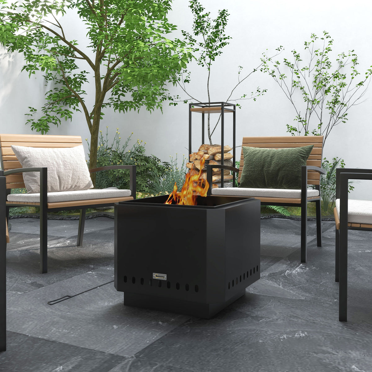 Smokeless Fire Pit, 48 cm Portable Wood Burning Firepit, Square Metal Bonfire Stove with Poker, Black