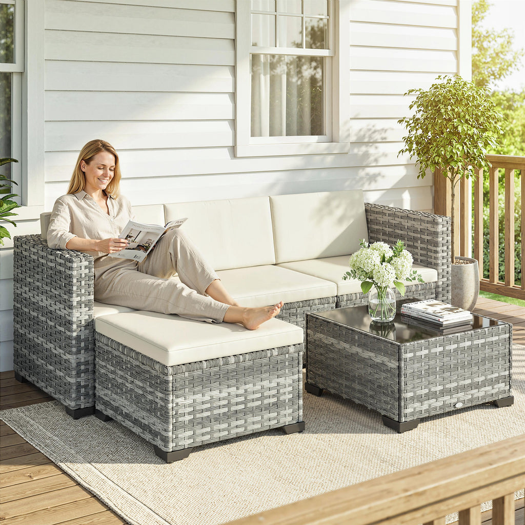 Polyrattan Gartenmöbel Set 5-teilig, Lounge Set mit Ecksofa Hocker Tisch Sitz- & Rückenkissen Grau+Cremeweiß
