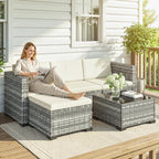 Polyrattan Gartenmöbel Set 5-teilig, Lounge Set mit Ecksofa Hocker Tisch Sitz- & Rückenkissen Grau+Cremeweiß