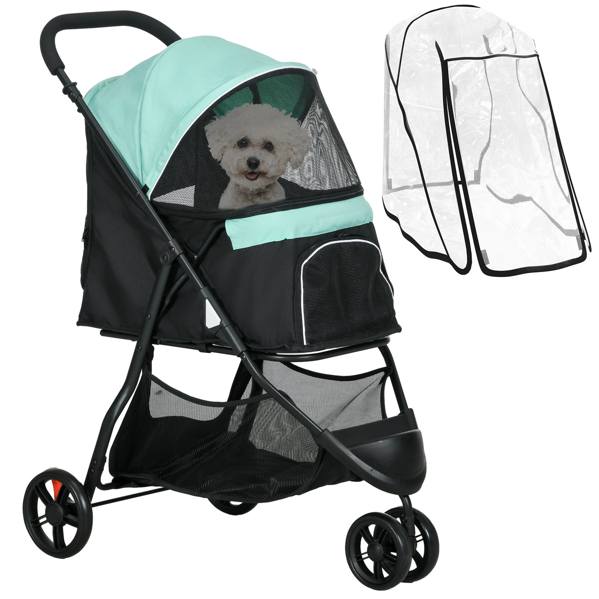 Foldable Pet Stroller w/ Rain Cover, for XS Dogs, S Dogs - Green