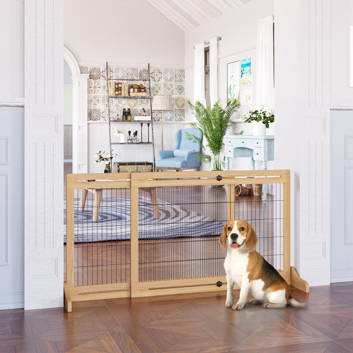 Freestanding Dog Gate, Foldable Pet Fence, Indoor Wood Barrier, Stair Gate with Support Feet, for Doorway, Hallway, Small and Medium Dogs, 69H x 104-180 cm, Natural Wood Finish