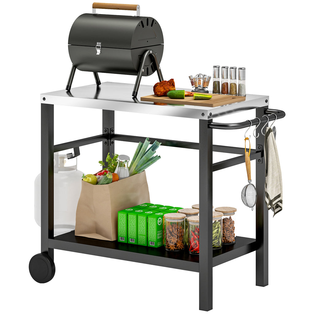 Grillwagen 2-Etagen Servierwagen mit Arbeitsfläche Ablagen Haken Räder Edelstahl 102 x 56 x 81cm