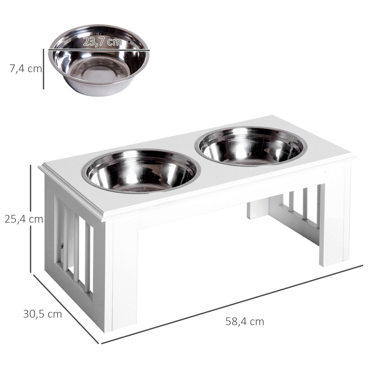 Raised Dog Feeding Bowls with Stand, Stainless Steel for Medium Dog, 58L x 31W x 25H cm - White