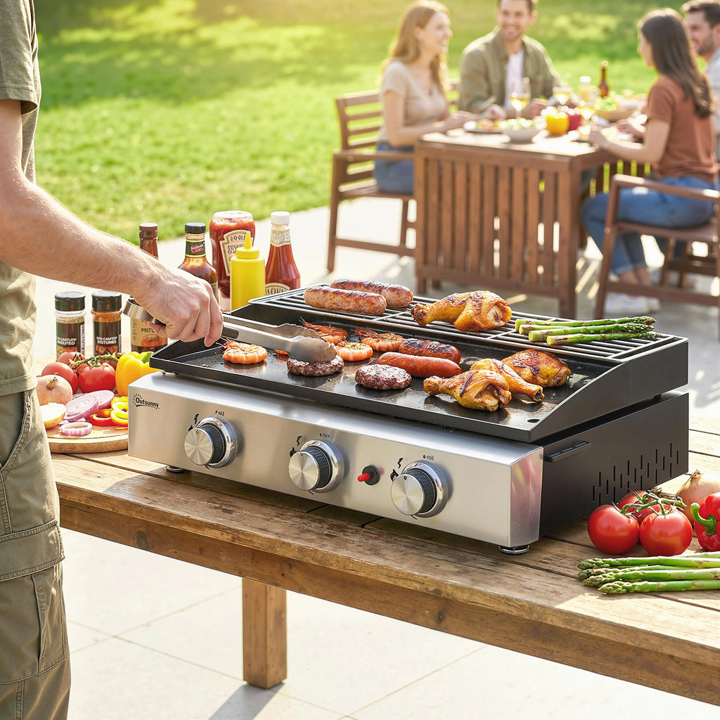 Gasgrill 7,5 KW Tragbarer Tischgrill mit 3 Brenner Keramische Lackbeschichtung Grillrost Warmhalterost