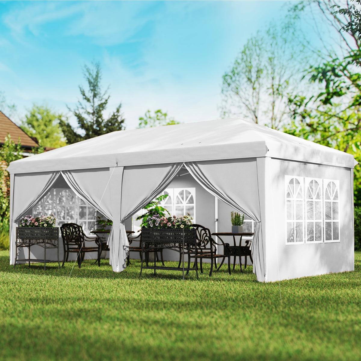 Faltpavillon 6 x 3 m, abnehmbare Seitenw?nde, gro?e Fenster, Rei?verschlusst¨¹ren, Stahlrahmen, Wei?