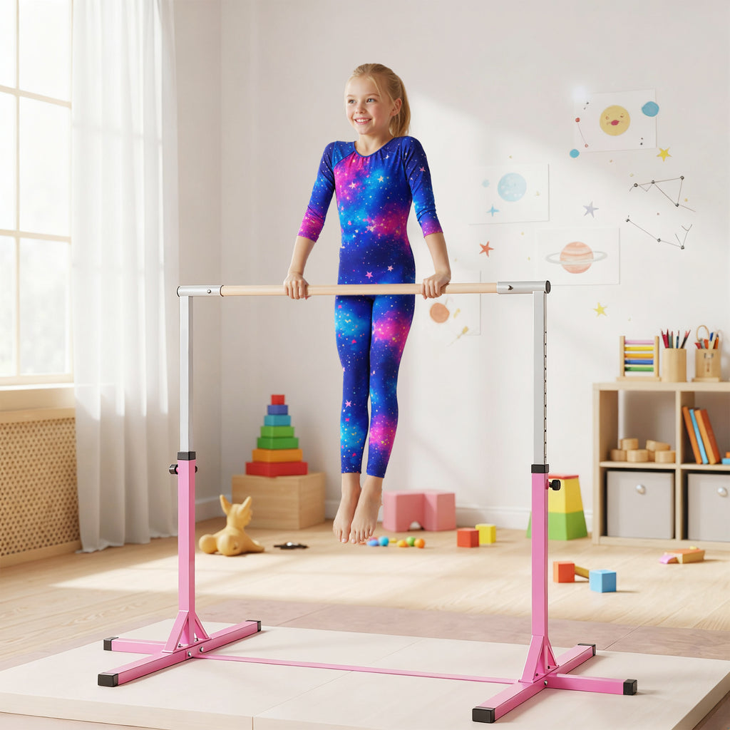 Height Adjustable Gymnastics Horizontal Bar for Kids, Children Junior Kip High Bar Fitness, Pink