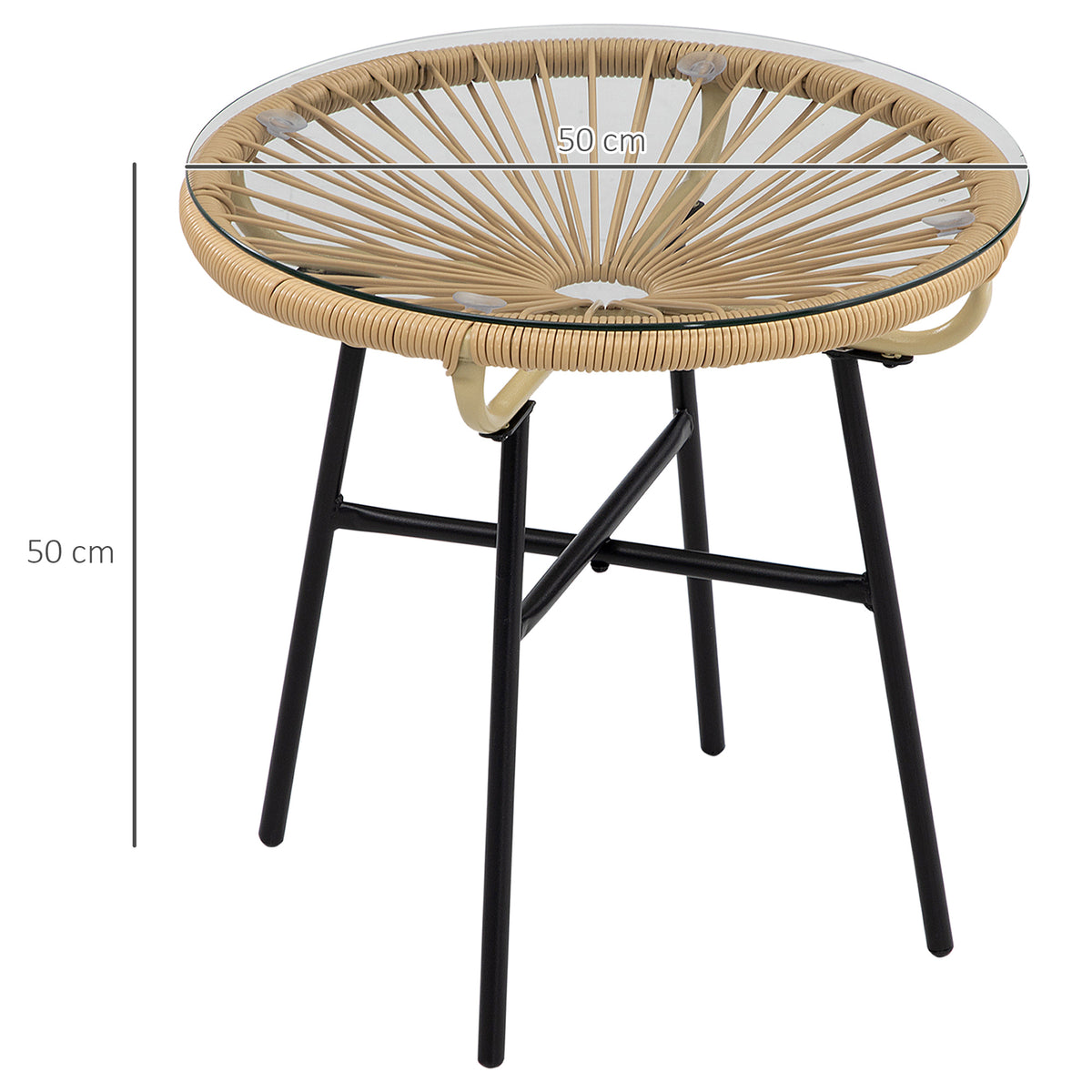 Gartentisch im Boho-Stil, PE-Rattan, gehärtetes Glas, wetterbeständig, 50 cm x 50 cm x 50 cm, Beige