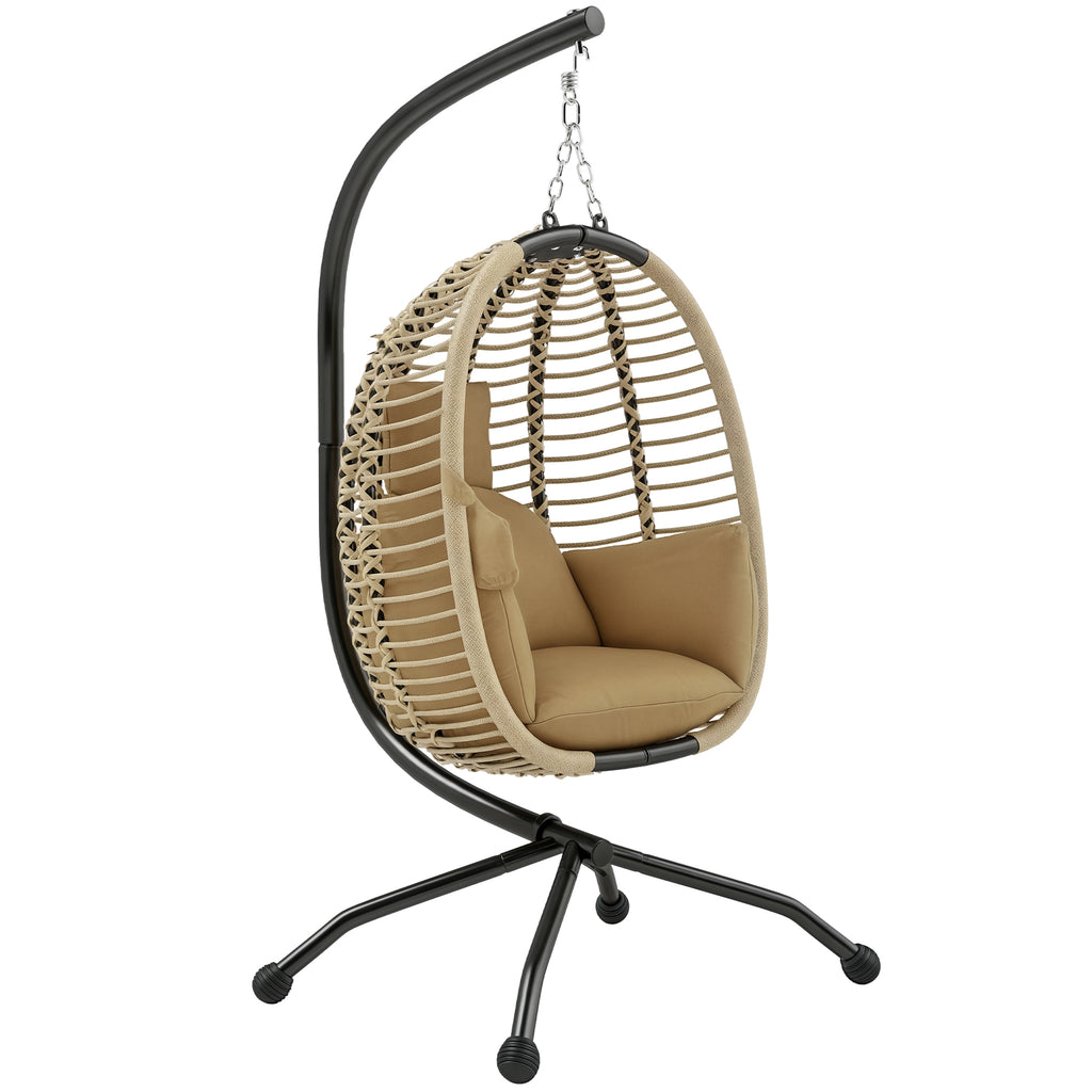 Hängesessel mit Gestell, Faltbar Eiförmiger Hängeschaukel mit waschbarem Sitz Becherhalter Sicherheitsseil Beige