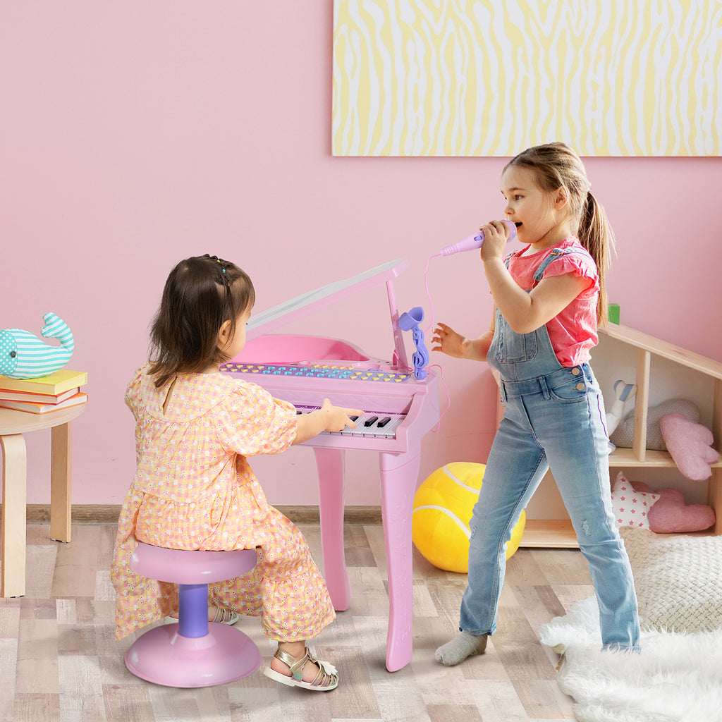 Keyboard Kinder mit 37 Tasten, Hocker Klavier mit Mikrofon, LED-Lehrmodus, Aufnahme, Piano Musikinstrument f¨¹r 3-6 Jahre Kinder Rosa